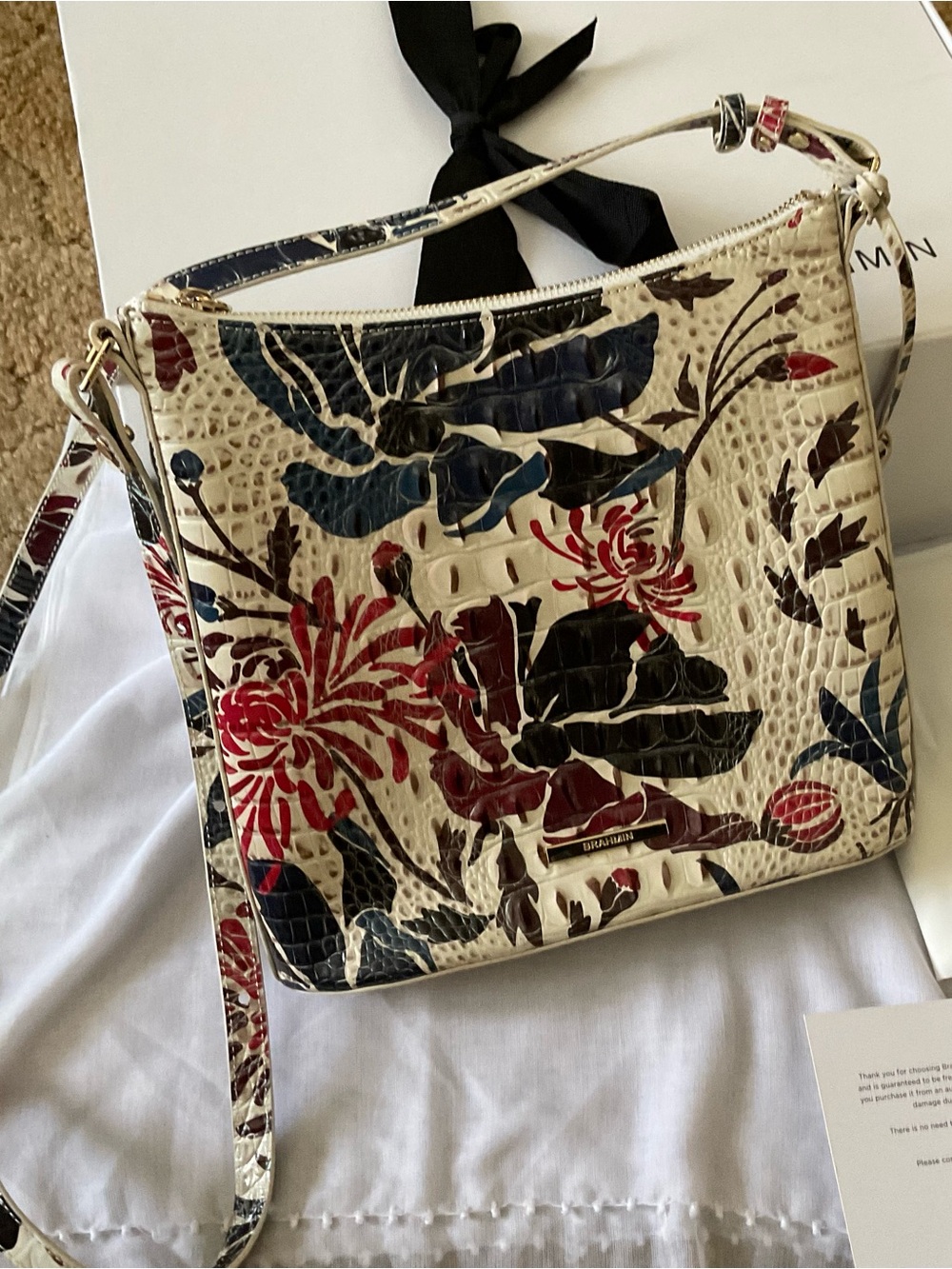 Brahmin Floral Embossed Leather Shoulder Bag in Cream, Red, Navy